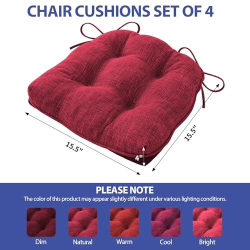 IPYNBAP Chair Cushions for Dining Chairs Set of 4, Red Kitchen Chair Cushions, Chair Pads with Ties and Non Slip Backing, Christmas Room Decor, Tufted Memory Foam Seat Cushion 4 Pack, 15.5"x15.5"x4" - color: Red, size: 15.5" x 15.5" x 4"