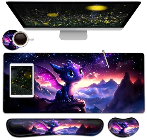 Large Mouse Pad + Keyboard Wrist Rest Set, Extended Gaming Mousepad (31.5X11.8 inch) with Non-Slip Rubber, Ergonomics Memory Foam Mouse Wrist Rest Support, Cute Baby Dragon Pattern XXL Desk Pad - color: Yu-Mouse Pad-3-B49