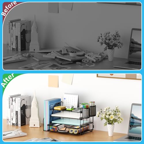 Marbrasse Desk Organizer and Accessories，4-Tier Paper Letter Tray Organizer with File Holder, Desk Accessories & Workspace Organizers with Drawer and 2 Pen Holder (Black, 15.4" x 9.1" x 8.3") - color: Black
