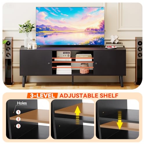FDW TV Stand for 55 60 Inch TVs,Entertainment Center with 2 Storage Cabinets and Open Shelves, Modern Media Console Table for Living Room, Bedroom, Home Office,Black - color: Black