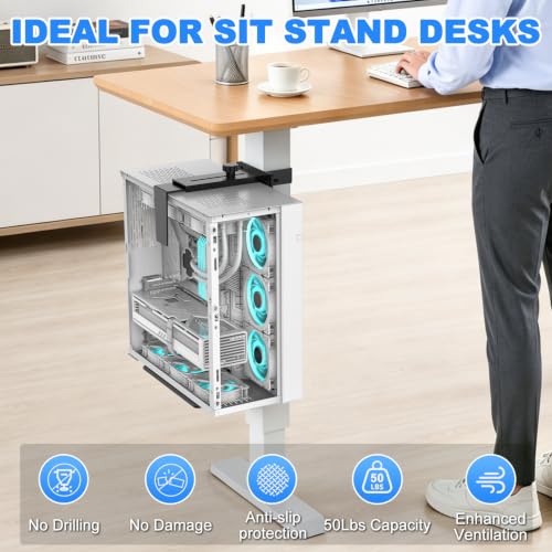 Under Desk PC Mount - No Drilling 50 lb Capacity, Fits 3 Fixed Square Desk Legs, CPU Holder Under Desk, Adjustable Clamp-on Desk Leg PC Mount for Standing Desk, with Non-Slip Pads, Black - color: Black, size: Fits 3 Sq. Leg Sizes