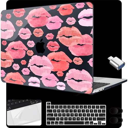 MEEgoodo for MacBook Pro 13 inch Case 2022 2021 2020 A2338 M2/M1 A2251 A2289 with Touch ID,Clear Laptop Hard Shell Cases with Keyboard Webcam Cover & Trackpad Film & Type C Adapter, Red & Pink Lips - color: Red & Pink Lips