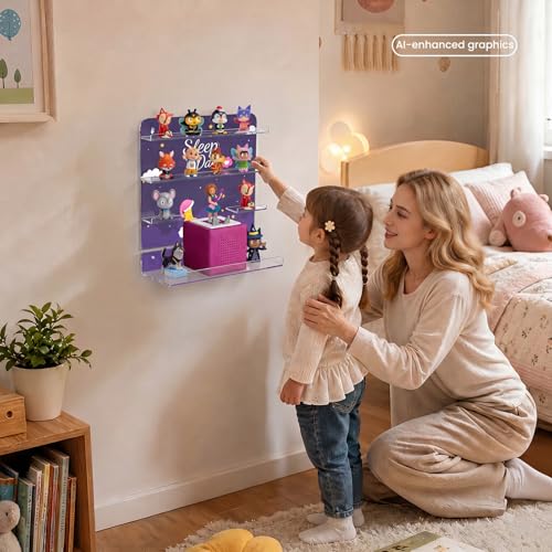 NIUBEE Tonies Shelf Non-Magnetic, Acrylic Wall Mount Floating Shelf, Tonies Storage with Anti-Fall Lip and Charging Cable Hole for Toniebox,for Kids Bedroom Playroom Decor - color: Purple