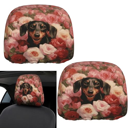 Car Seat Headrest Cover 2pc Lovely Rose Dog Pattern Car Headrest Protector Universal - color: Flower Dog Red