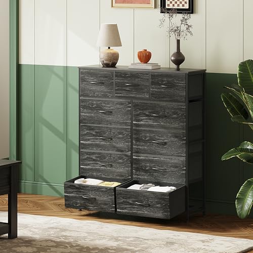 WLIVE Tall Dresser for Bedroom, Fabric Dressers Storage Tower, Dresser & Chest of Drawers with 11 Drawers, Storage Cabinet, Hallway, Closets, Steel Frame, Wood Top, Charcoal Black Wood Grain Print - color: Charcoal Black Wood Grain Print