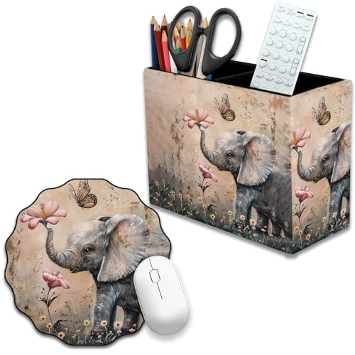 Pen Holder and Anti-Slip Mouse Pad Combination, Makeup Brush Storage Box, Tableware Storage Box, Suitable for Office and Home - Cute Little Elephant Flower - color: Cute Little Elephant Flower