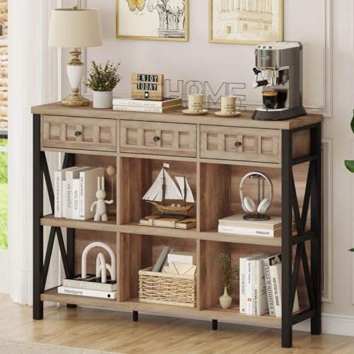 FATORRI Rustic 6 Cube Storage Organizer Bookshelf with 3 Drawers, 47 Inch Long Horizontal Bookshelf, Industrial Wood Short Low Cube Bookcase for Living Room, Home Office (Rustic Oak) - color: Rustic Oak, size: With Drawer