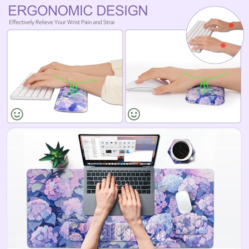 Petmolico Wrist Rest Set with Computer Keyboard Desk Pad,Mouse Wrist Rest,Keyboard Typing Wrist Pad and Cup Coasters,Ergonomic Design for Typing Pain Relief[Blue Flower&Cat] - color: Blue