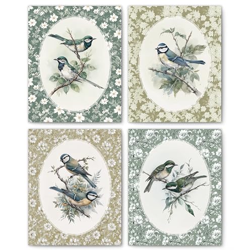 FITIE Vintage Bird Floral Botanical Wall Art Posters Set of 4, Bird Decor for Home, Elegant Antique Flower Natural Ornithology Art Deco Canvas Prints Artwork Wall Decor, 8x10 Unframed - color: Home Wall Art 05