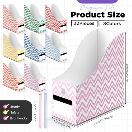 Jutom 32 Pcs Magazine File Holder Set Including Colored Foldable Desk File Holder Organizer White Label Stickers Cat Pen Cardboard Magazine Storage Box for Document School Office(Solid,Striped) - style: Striped