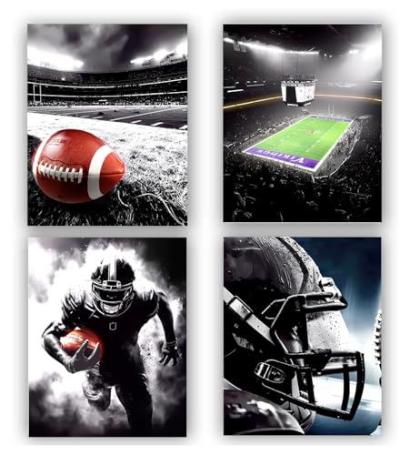 ZHAXFA American Football Sport Canvas Wall Art,Football Art Prints, Rugby Poster, Black White Gym Artwork Print for Bedroom Man Cave Boy's Bedroom Decor,Set of 4 (8"X10", No Frame - color: Unframed-8"X10"-American Football Sport Canvas Wall Art