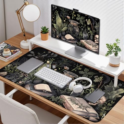 Dark Academia Desk Mat Mouse Pad XXL Extended Large Gaming Desk Pad Mousepad, Mystical Green Plant Computer Laptop Keyboard and Mouse Mat, Desktop Decor for Women Girl Office 31.5x15.7 in - color: A5- Dark Academia