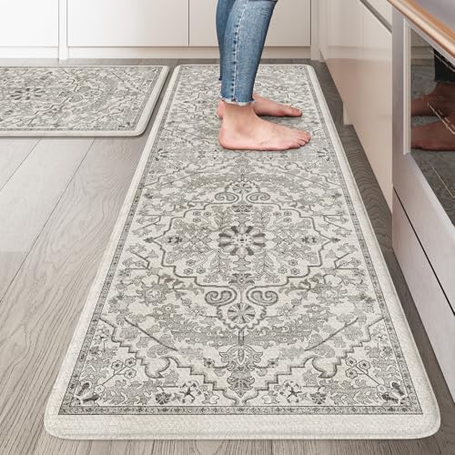 KIMODE Kitchen Mats Cushioned Anti Fatigue, 20"x47"+20"x32" Farmhouse Kitchen Rugs Sets of 2, Non Slip Kitchen Mats for Floor, Padded Kitchen Floor Mats for Sink, Laundry, Desk Grey - color: Light Grey/Multi, size: 20" x 47"+20" x 32"--0.47 inches