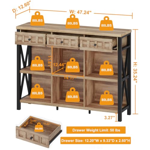 FATORRI Rustic 6 Cube Storage Organizer Bookshelf with 3 Drawers, 47 Inch Long Horizontal Bookshelf, Industrial Wood Short Low Cube Bookcase for Living Room, Home Office (Rustic Oak) - color: Rustic Oak, size: With Drawer