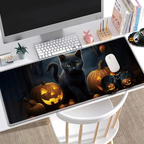 Large Gaming Mouse Pad + Mouse Wrist Rest Pad + Coaster Combination, 31.5 "x 11.8" Durable Non-Slip Extension Table Mat, Suitable for Office and Home, Halloween Black Cat - color: Halloween Black Cat