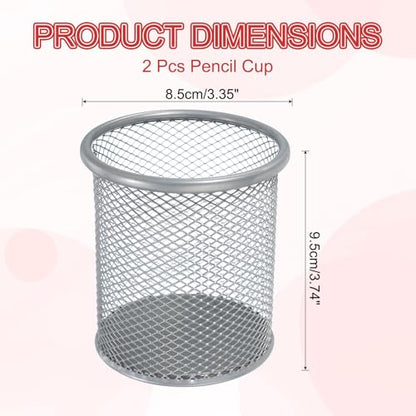 uxcell 2Pcs Mesh Pencil Holder, Metal Pen Cup Desk Organizer Makeup Brush Cup Holder for Home, Office, Classroom(Silver) - color: Silver