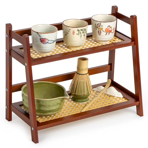 ANBOXIT Rattan-Look Matcha Station Organizer, Countertop Bamboo Tea & Coffee Accessories Station Organizer, 2 Tier Mug Holder Display Stand for Kitchen Condiment, Home, Office - Brown - color: Brown