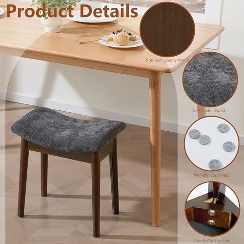 Royal Windsor Vanity Stool with Saddle Cushion, 18 Inch Makeup Vanity Chair for Living Room, Modern Foot Stool Ottoman Piano Bench,Small Upholstered Bench for Bedroom, Dark Grey - color: 10.2"d Dark Grey+walnut