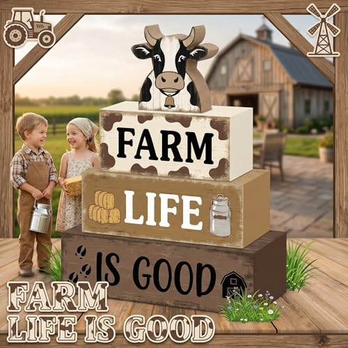 4 Pcs Farm Life Kitchen Table Decor for Home Black and White Cow Stacked Wood Sign Farmhouse Cow Country Tiered Tray Decor Farm Rustic Dairy Kitchen Decorations for Shelf Mantel Table - style: Black and White Cow