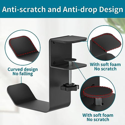 tiebutie Clamp-On Under Desk Headphone Holder/Backpack Hook/PC Gaming Headset Headphone Hanger Mount, Provides a Convenient Place to Hang Headsets or Bags