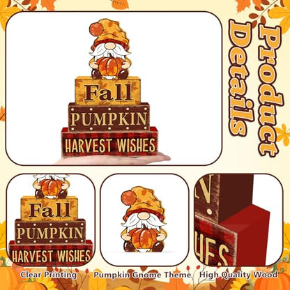 4 Pcs Fall Decorations for Home Thanksgiving Gnome Tiered Tray Decor, Fall Table Decor Farmhouse Rustic Wooden Gnome Pumpkin Block Sign Autumn Tabletop Centerpieces for Home Kitchen Indoor - style: Gnome