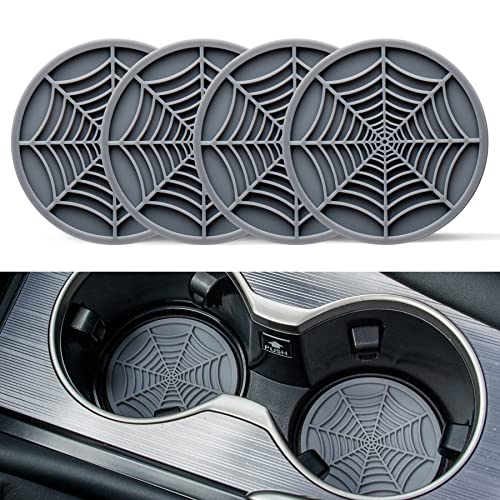 Alpmosn 4PCS Spider Web Car Coasters for Cup Holders, Halloween Funny Non-Slip Silicone Insert Ornaments Coasters, Automotive Cupholder Goth Accessories for Men & Women(Gray) - color: Gray