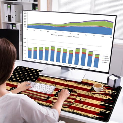 Large Mouse Pad with Wrist Support 4in1 Set, XXL Game Mousepad + Keyboard Wrist Rest+Mouse Wrist Rest+Coaster with Ergonomic Design Gaming Mat for Home Office Table Computer I Retro USA Flag - color: Retro USA Flag