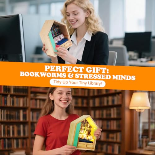 FUYIHGL® Lighted Anxiety Bookshelf with 340 Mini Books | Miniature Book Library Shelf - Coffee Home Office Desk Decor - DIY Tiny Book Nook Kit Organizer - Gifts for Book Lover