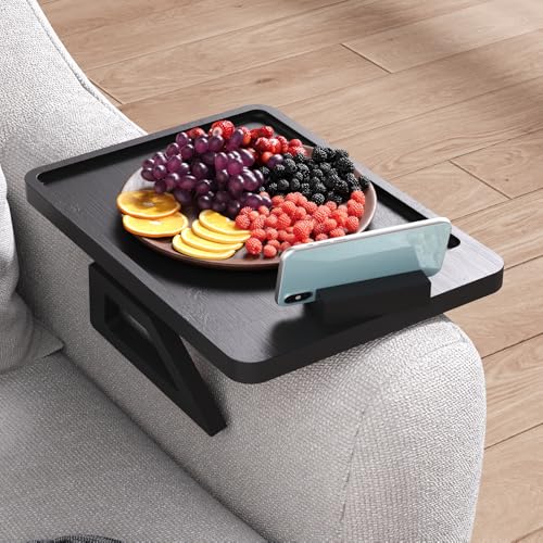 Couch Arm Tray with 360°Phone,Bamboo Folding Sofa Tray,Sofa Armrest Trays Clip-On Couch Desk for Drinks,Snacks,Phone,Remote Control（Black） - color: Black, style: 13.0" x 9.4"Phone Holder