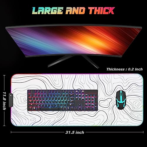 ITNRSIIET RGB Gaming Mouse Pad, Full Desk XL Extended Large Gaming Mousepad, 12 Lighting Modes 30% Thicker Big LED Desk Mat for Gamers, 32 x 12 inches, Topographic Contour White - color: Topographic Contour White