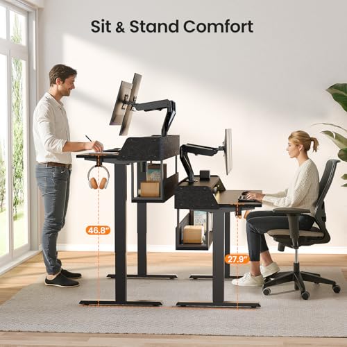 ErGear Electric Standing Desk, 55x28 Inch Adjustable Sit Stand Desk with Bookshelf & Monitor Stand, Standing Gaming Desk with LED Light Strip, Stand Up Desk for Home Office, Black - color: Black, size: 55*28 Inch with shelf
