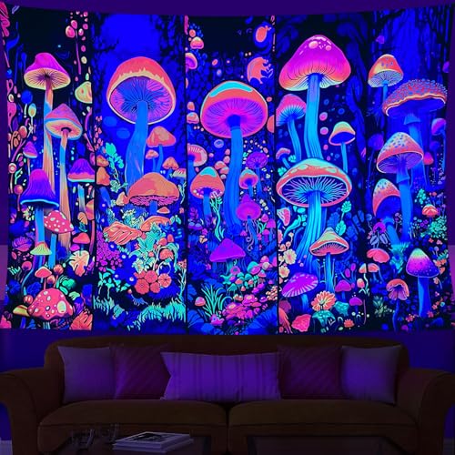 Blacklight Mushroom Tapestry Flower Plant Wall Hanging, UV Reactive Tapestries Glow in The Dark Tapestry, Hippie Wall Hanging for Bedroom Trippy Room Decor (59" x 78") - color: Colored mushroom, size: 78"L x 59"W