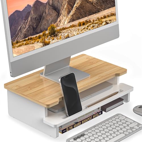 Computer Monitor Stand Riser, 16.5 Inch Wood Desk Shelf Storage Organizer with Phone Tablet Holder, White & Natural Bamboo - color: White & Natural Bamboo, size: 16.5 inch