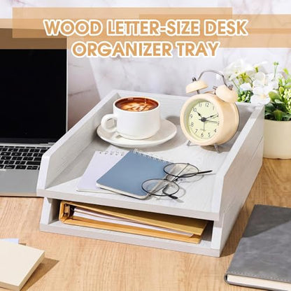 DoubleFill 2 Pcs Wooden Letter Trays 2 Tier Desktop Paper Organizer Wood Letter-Size Desk Document Tray Heavy Duty Stackable Paper Drawer Holder File Folder Back to School Office Home (White) - color: White