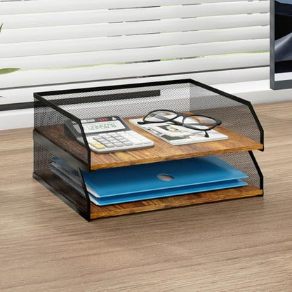 Natwind 2-Tier Stackable Metal Mesh Paper Tray Organizer,Retro | Wooden Desk Organizer, Letter Tray For Desktop,File Holder For Home Office School Classroom Organization - size: 12.6" x 9.8" x 5.9"