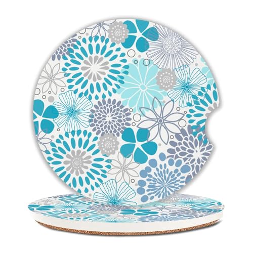 Blue Floral Car Coasters for Cup Holders Set of 2 Bohemian Absorbent Ceramic Cup Coaster 2.63" Non-Slip Cork Base Drink Coasters with Finger Notch Car Accessories Interior - color: Blue