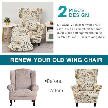 KRFOONN Wingback Chair Covers Slipcovers 2 Piece Stretch Wing Chair Covers Spandex Slipcovers Wingback Sofa Covers Armchair Covers Non-Slip Furniture Protector for Living Room Wingback Chairs, A21 - color: A21
