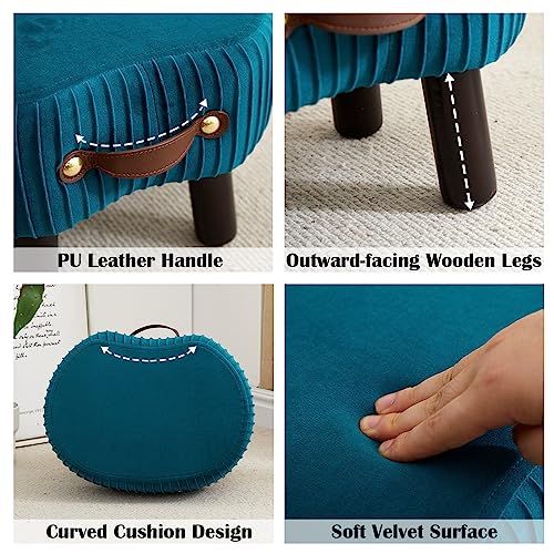Foot Stools Small, Ottomon with Handle, Velvet Footrest Ottoman | Curved Foot Stool with Padded Seat Wooden Legs, Portable Foot Rest for Living Room, Bedroom, Entryway, (Peacock Blue) - color: Peacock Blue