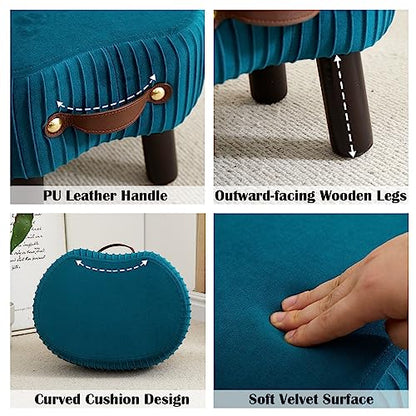 Foot Stools Small, Ottomon with Handle, Velvet Footrest Ottoman | Curved Foot Stool with Padded Seat Wooden Legs, Portable Foot Rest for Living Room, Bedroom, Entryway, (Peacock Blue) - color: Peacock Blue