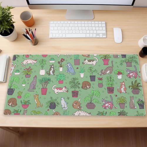 Extended Gaming Mouse Pad XL, Cute Cat Sage Green Desk Mat 31.5x15.7 | Charming large desk pad with a playful cats and potted plants print. Perfect for cozy, kawaii workspace setups. - color: Green Plants and Cats