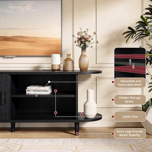 MXV 70" Mid-Century Modern TV Stand with Sliding Doors, TV Consoles with Power Outlet, Fluted Entertainment Center with Adjustable Shelves, for Living Room - color: Black, size: 70in