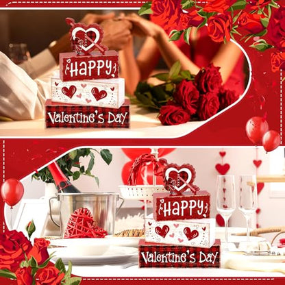 Britimes 4Pcs Valentine’s Day Table Decor Red Happy Valentine’s Day Heart Tiered Tray Decorations Set Rustic Farmhouse Wooden Stack Block Signs Plaid Romantic Tabletop Decor for Table Home Office - style: Cupid of Love Valentine