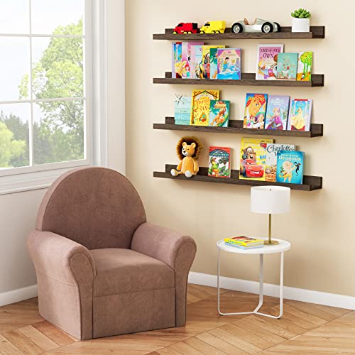 Forbena 36 Inch Long Picture Ledge Shelf, Wooden Floating Shelves for Wall with Lip, Dark Brown Wall Mounted Bookshelf Bookshelves for Living Room Bedroom Office Books Photos (Real Wood, Set of 4) - color: Dark Brown, size: 36 Inch