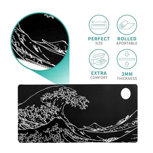 Japanese Sea Wave Gaming Mouse Pad 27.6x11.8 Inch Anime Black Large Mousepad Extended Kanagawa Mousepad Gaming Non-Slip Rubber Base Stitched Edges Keyboard Mouse Mat Desk Pad for Office Home Game - color: Black Wave of Kanagawa