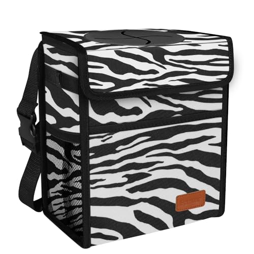 Femuar Car Trash Can with Lid - Leak Proof, Waterproof, Zebra Stripe, SUV Multipurpose Car Hanging for Headrest, Collapsible, Portable with Storage Mesh Pocket - color: Zebra Stripe, size: 2.25 Gallons