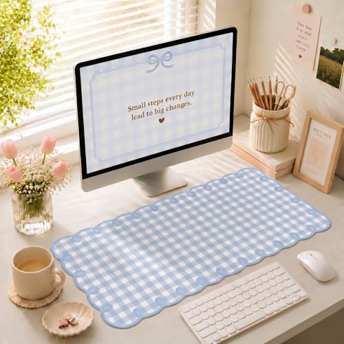 Cute Blue Scalloped Desk Mat Gingham Checkered Large Mouse Pad Kawaii Vintage Farmhouse-Inspired Cottagecore Office Desk Decor Stitched Nonslip Pad for Computer Keyboard & Mouse 31 * 15.7in - color: A1- Blue