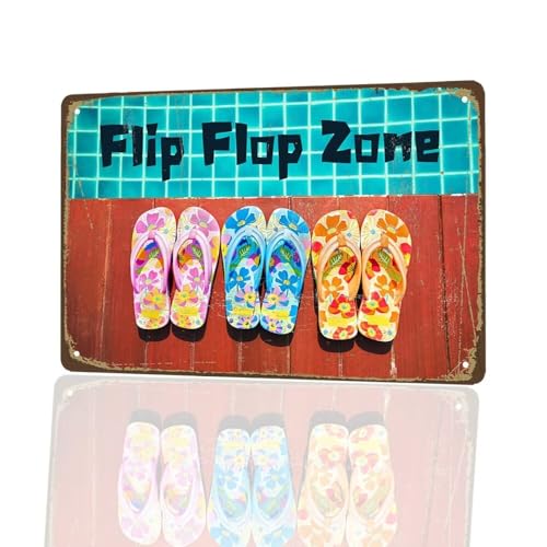 Flip Flop Zone Sign, 8"x12" Vintage Tin sign, Vintage Pool Decor, Beach House Decor - color: Flip Flop Zone