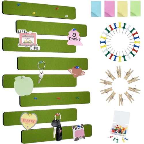 Vuzvuv 8 pcs Bulletin Board Bar Strips with 50 Pushpins & 10 Wooden Clip pins，Self Adhesive Cork Board for Wall，Felt Pin Board for School，Office Decor(Olive Green) - color: Dark Green