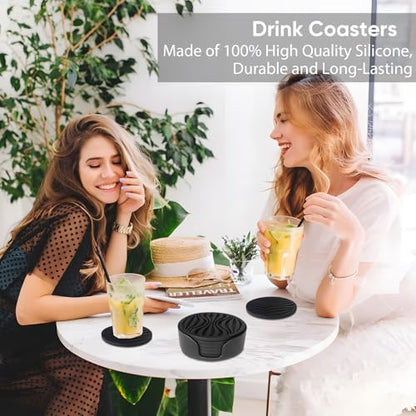 6 Pack Rubber Drink Coasters with Holder, Black Silicone Cups Mat Non-Slip | Coasters for Drinks Non-Stick Outdoor Plastic Coasters Set Thickened Hot- Cold Drink Fits Any Cups Table Rubber Glass Coaster - color: Pure Black-plastic Holder