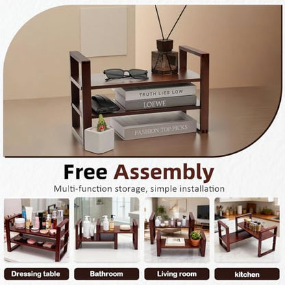 Desk Shelf, 100% Solid Wood Adjustable Desktop Bookshelf, No Tools, Nails or Glue Required for 130lb Load Capacity for Living Room, Office, Books, Cookbooks, Interlocking Joints Walnut Colour - color: Interlocking Joints Walnut Colour